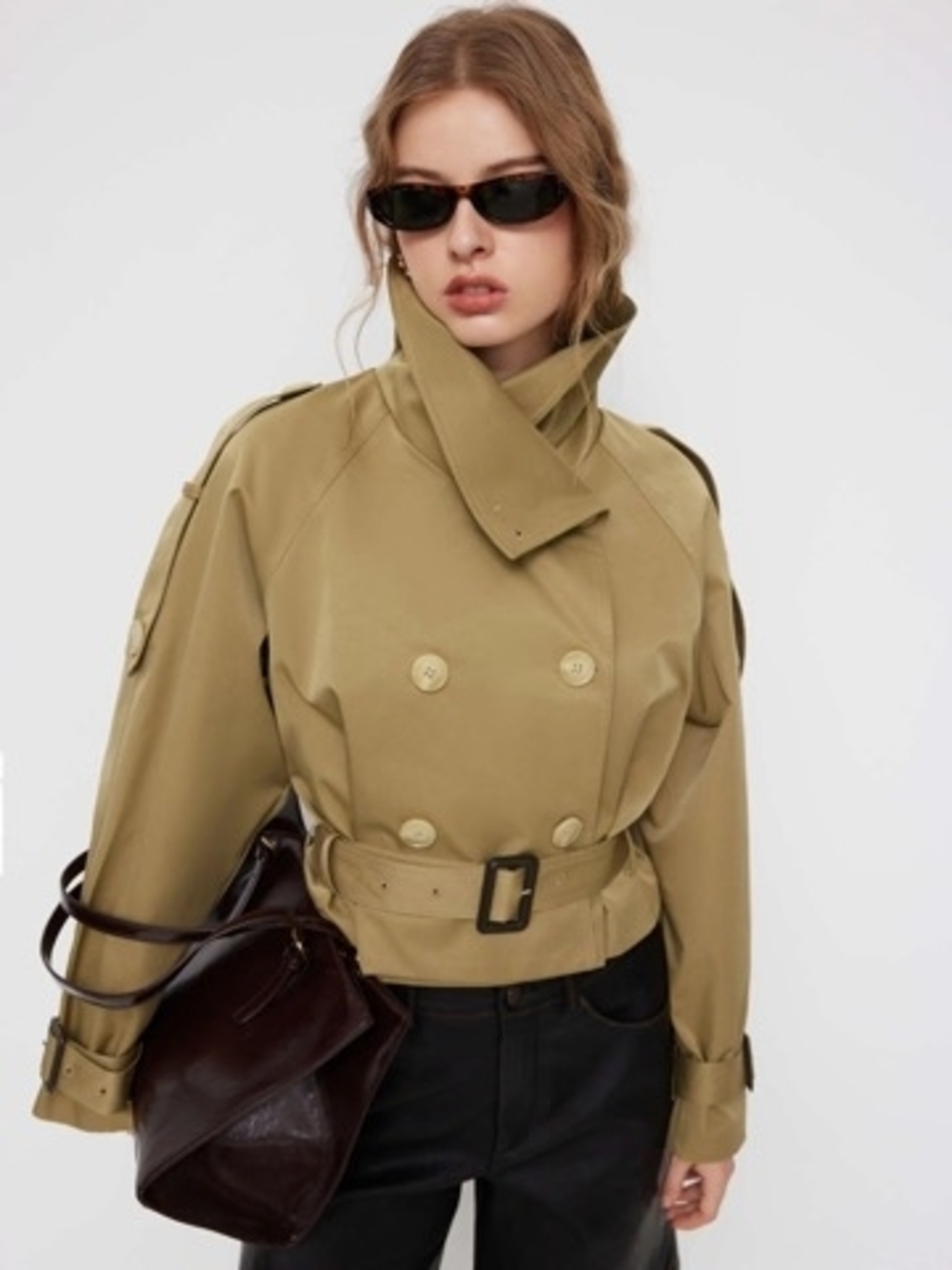 Cider Cropped Khaki Trench Coat with Belt XS - Picture 2 of 11
